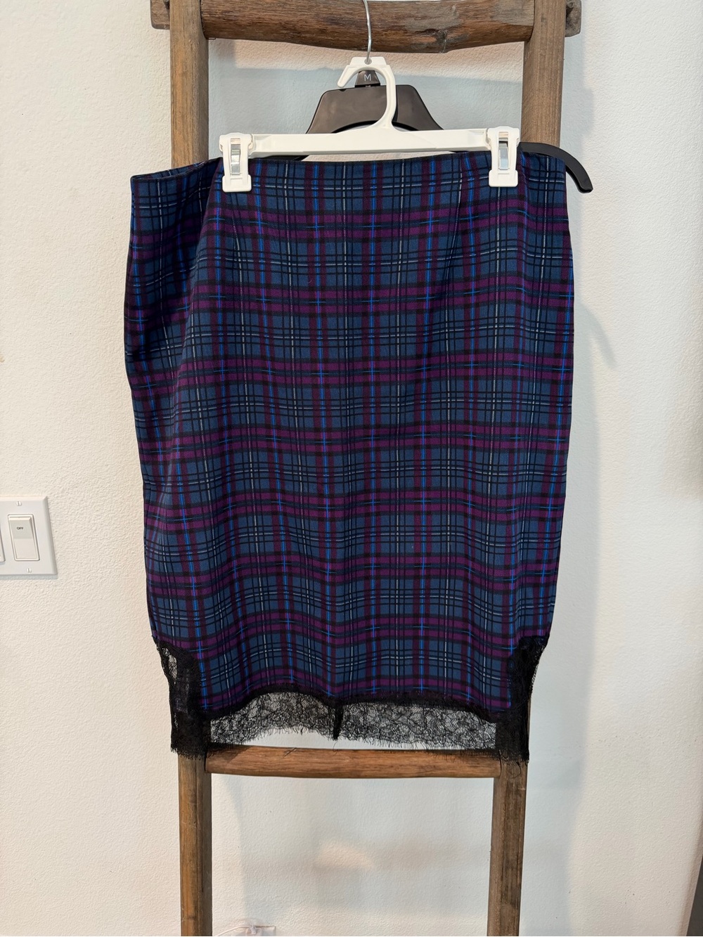 Kardashian Kollection Plaid Pencil Skirt in Blue and Purple with Lace Trim
